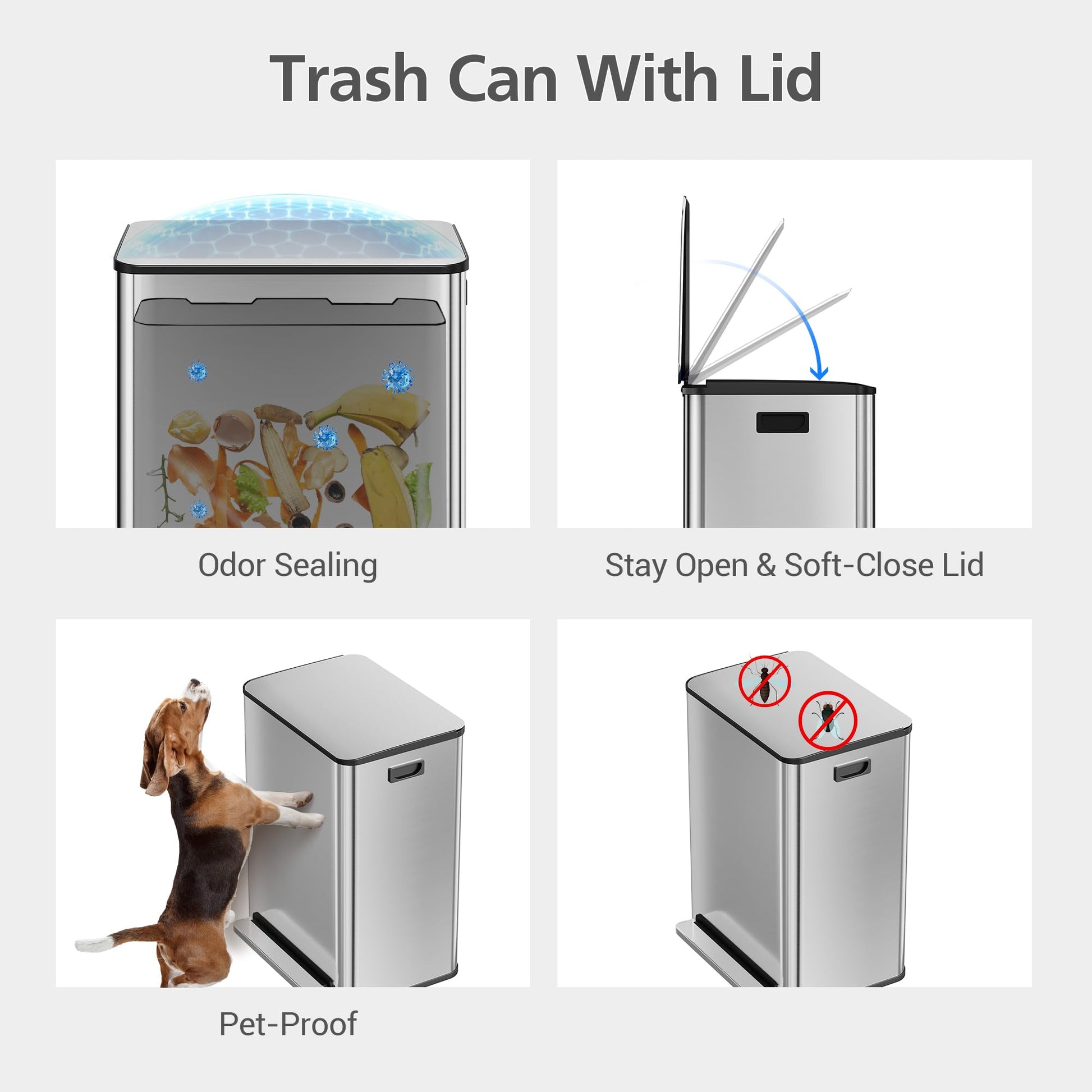 Garvee 60L/16 Gal Hands-Free Kitchen Trash Can, 2×8 Gal Pedal Trash Bin with Removable Baskets, Stainless Steel Garbage Can for Restaurant School Hospital Office