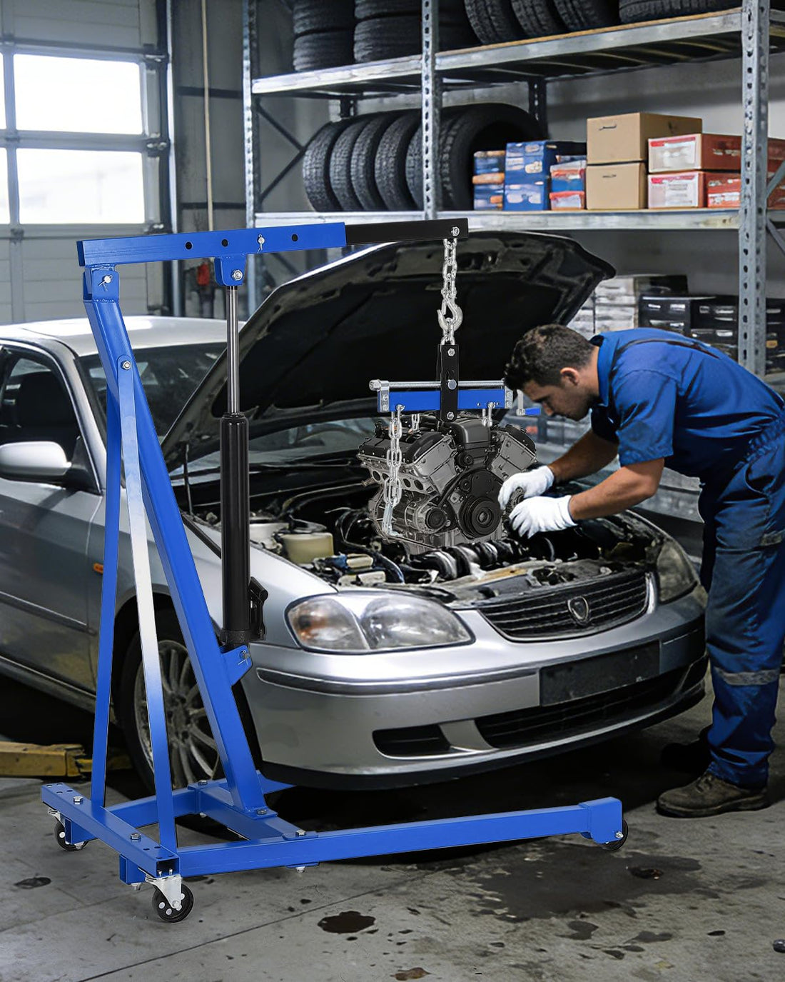 Garvee 3000 LBS Hydraulic Engine Hoist with Lever, 1.5-Ton Telescoping Boom Shop Crane with 4 Heavy-Duty Casters, Garage & Warehouse Cherry Picker for Automotive, Machinery, and Equipment Lifting, Blue