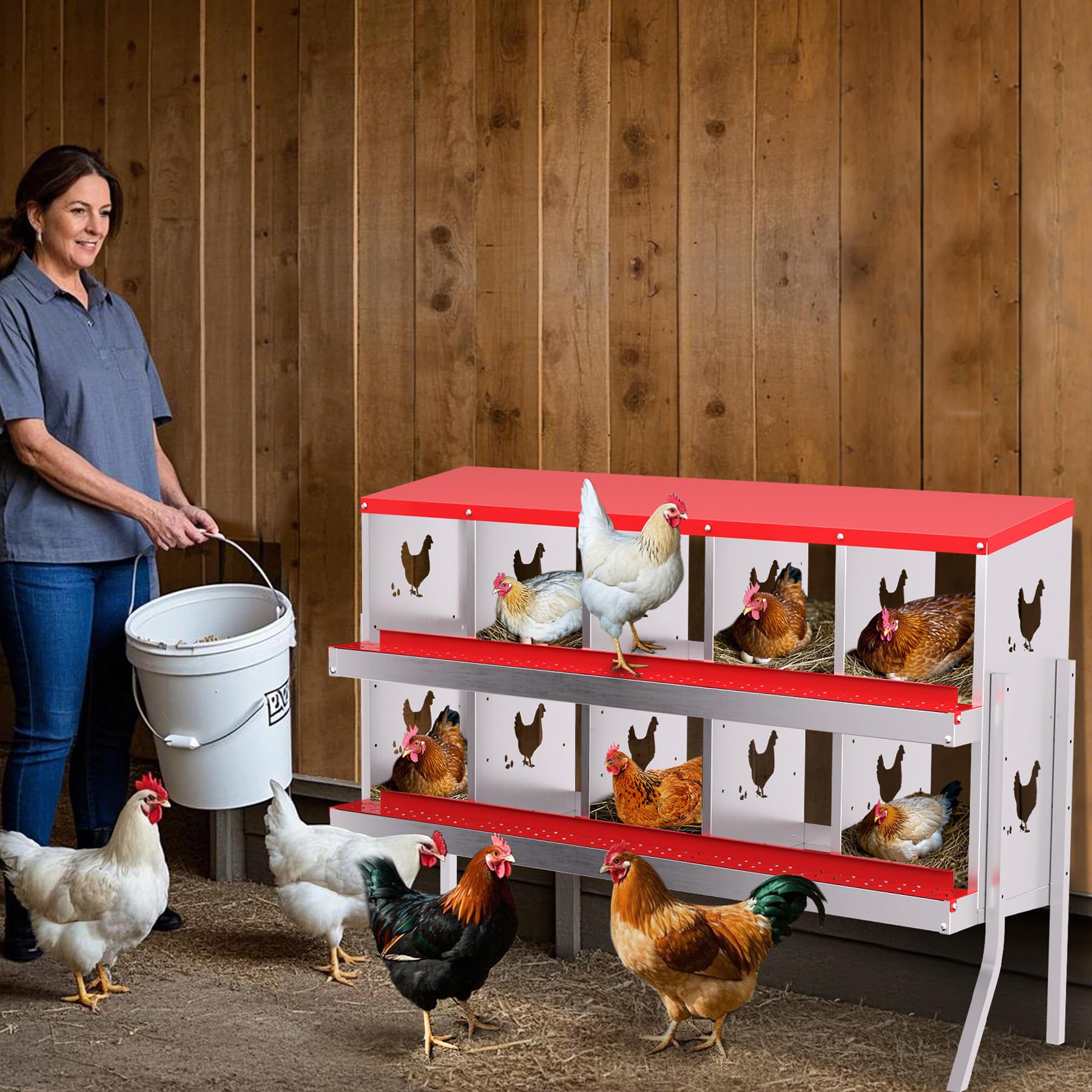 Garvee Nesting Boxes for Chickens, 10 Compartment Chicken Nesting Box with Elevated Metal Legs, Metal Chicken Laying Boxes with Perch, Secure Lid, Versatile Wall Mount or Free Standing for Hens, red