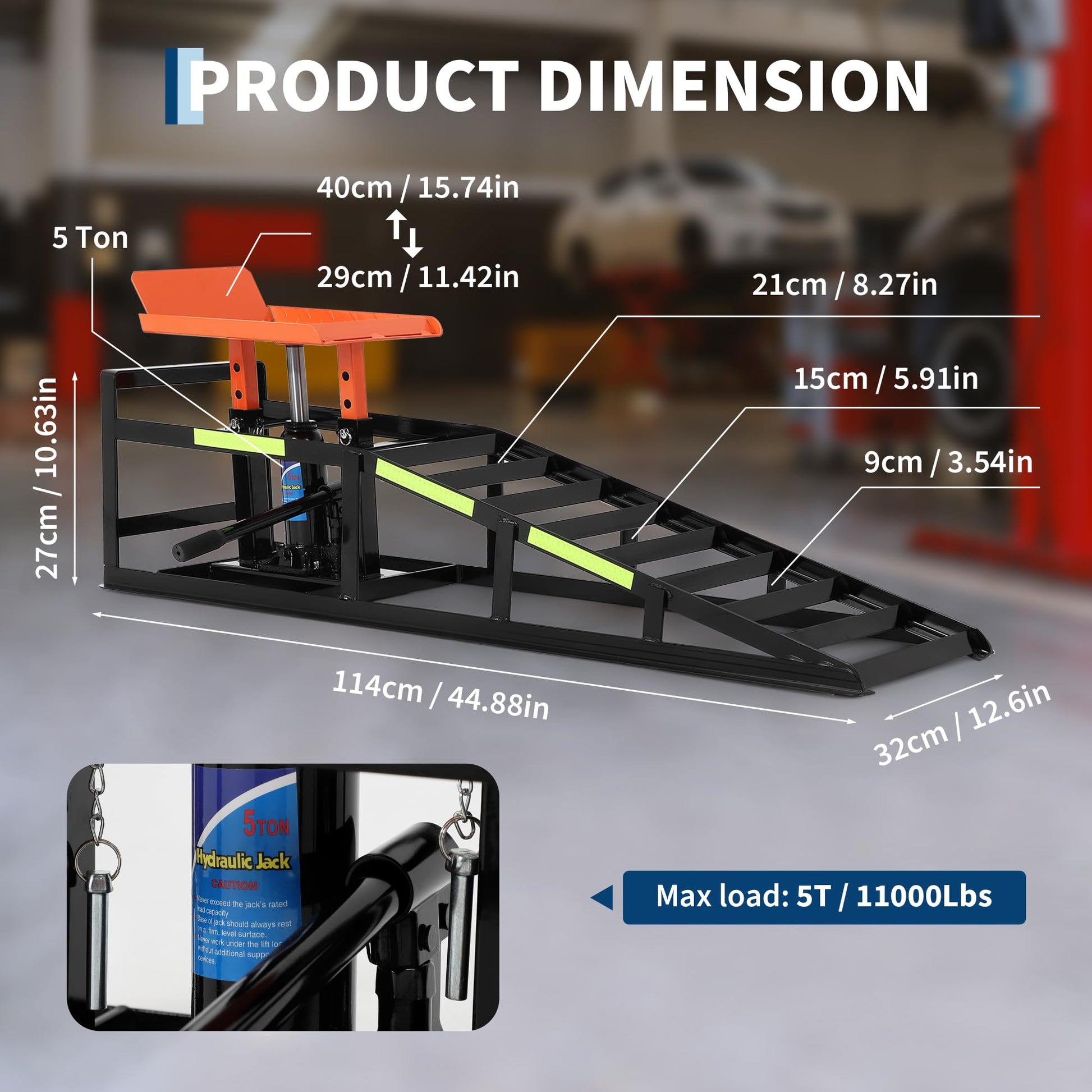 Garvee 5 Ton Hydraulic Car Ramps Heavy Duty Vehicle Lift With Reflective Strips For Night Use Adjustable Height 9.8"-15" Portable Auto Service Ramps Black