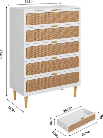 Garvee 5 Drawer Dresser for Bedroom, Rattan Chest of Drawers with Deep Drawers, Large Modern Double Dresser for Closet with Wide Top, Horizontal Wooden Dresser for Living Room, Hallway, Kids Room, Natural