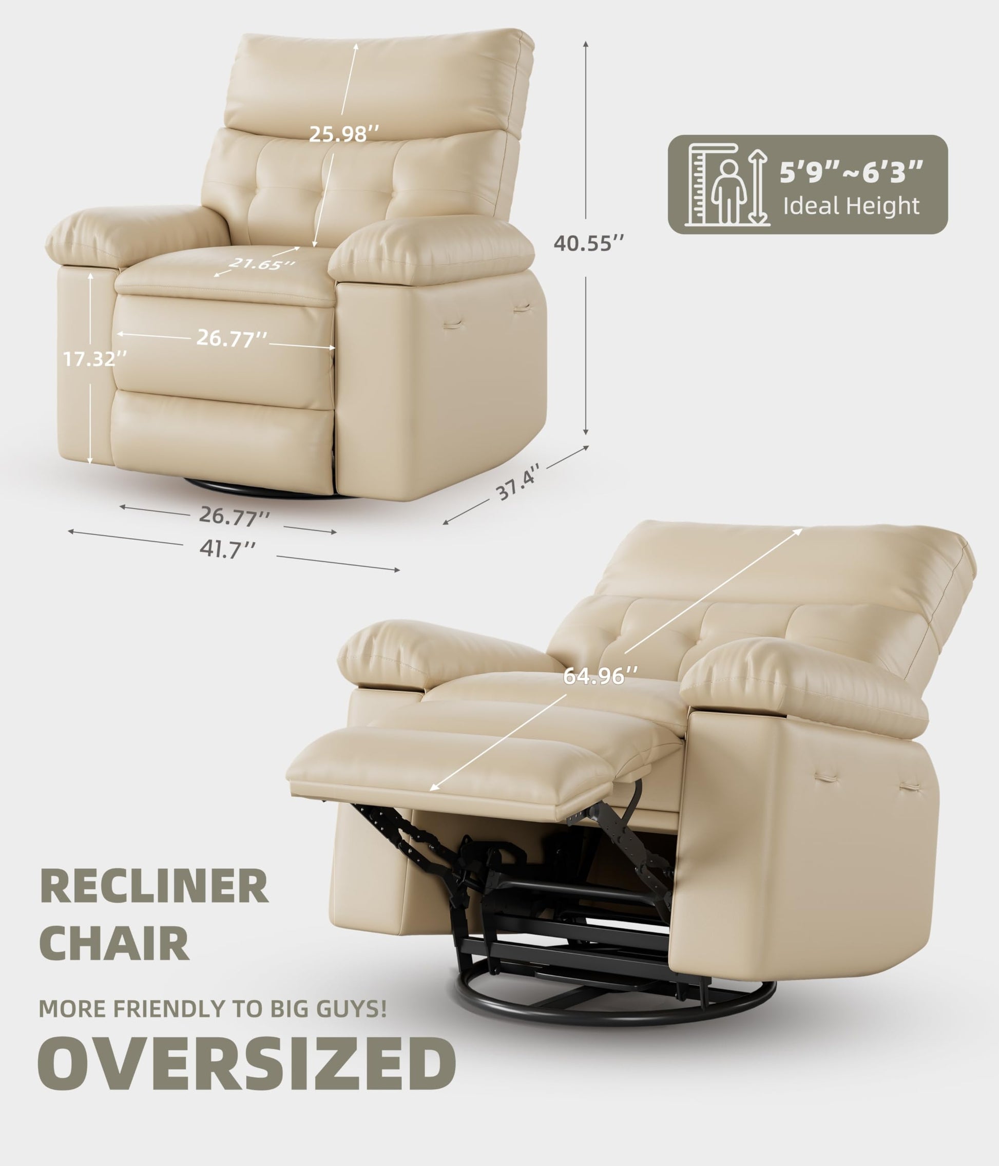 Garvee Oversized Wide Rocker Swivel Recliner Chair - PU Leather Large Manual Recliner for Adults, Ultimate Comfort Lazy Boy with 1.5X Sponge Filling and Easy Recline Mechanism for Relaxation