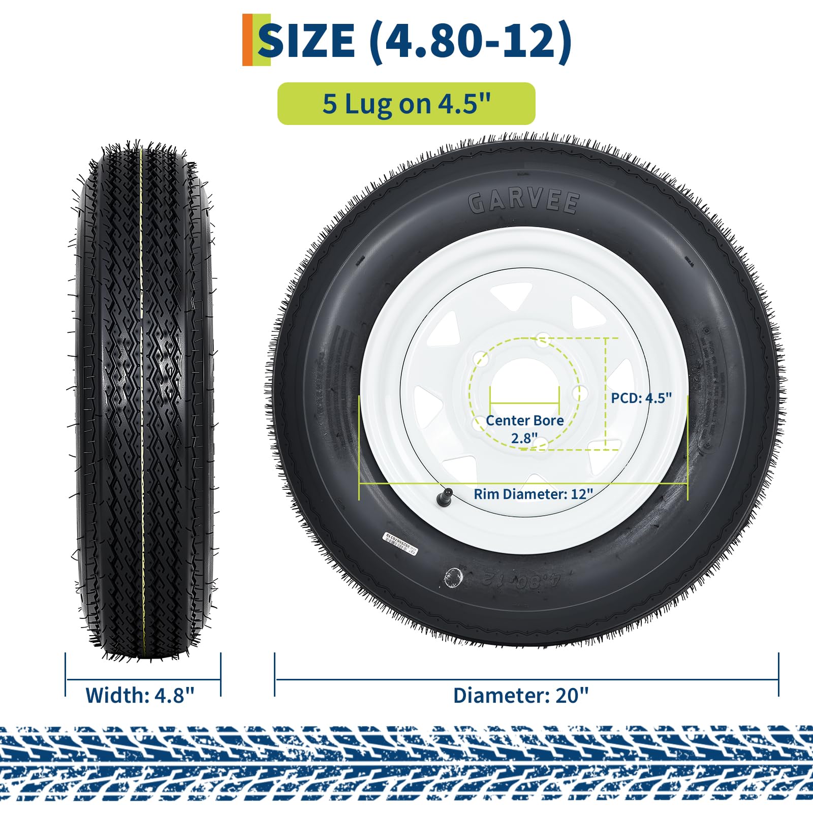 Garvee 4.80-12 Trailer Tire and Wheel Assembly, Heavy-Duty Load Range C, 12 Inch White Modular Wheel for Utility Boat Camper Trailers, Set of 2