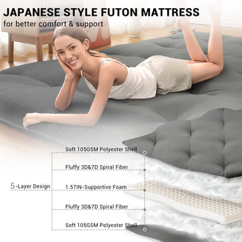 Garvee Futon Mattress, Japanese Floor Mattress Full Size Floor Mat for Sleeping Adult Size, Foldable Tatami Mattress Roll Up Floor Bed Mattress for House Guest Camping Dorm, Dark Grey