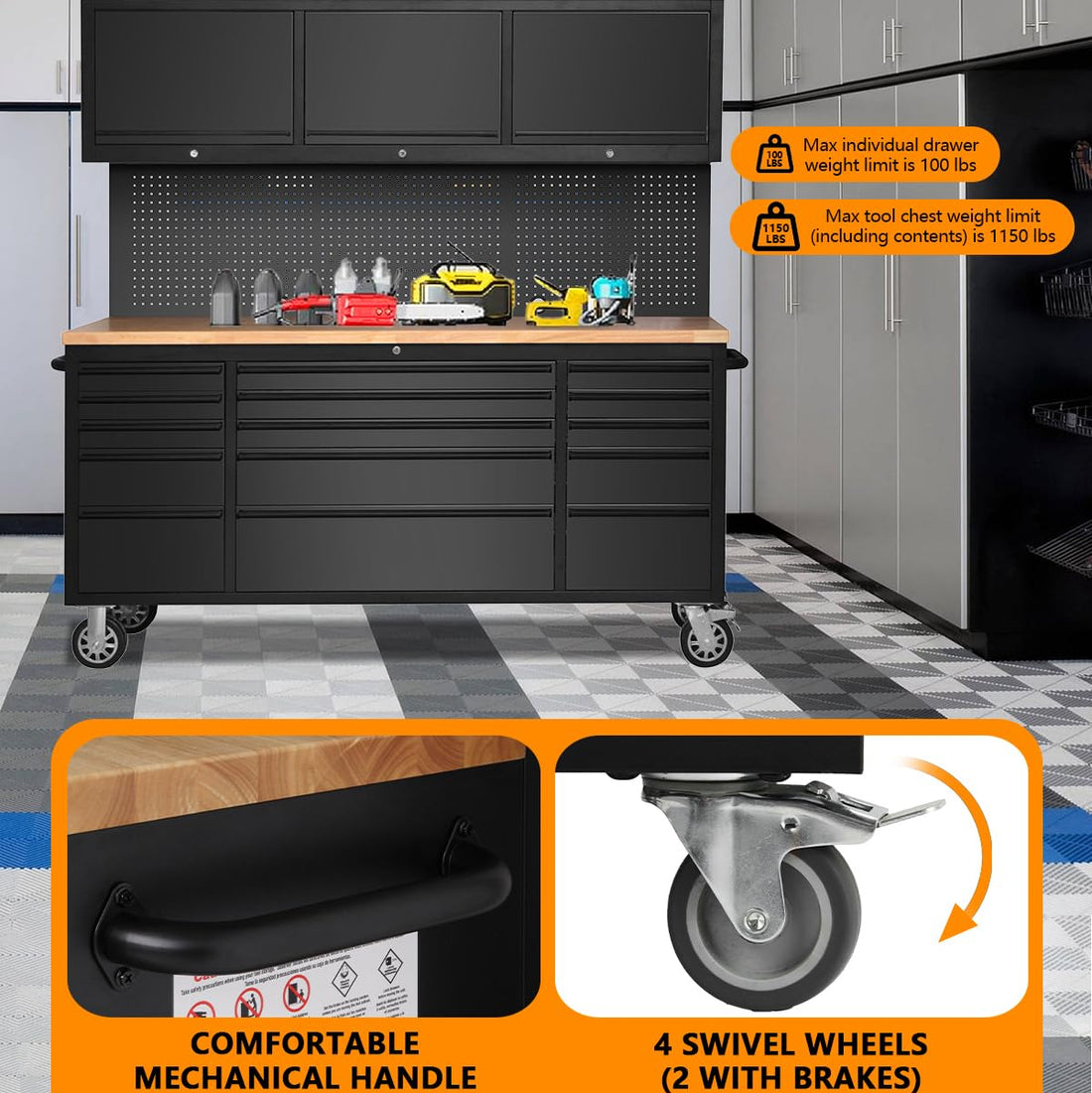 Garvee 15-Drawer Large Rolling Tool Chest, 72" x 20" Mobile Tool Storage Cabinet with 3 Up Top Cabinet & Pegboard, Wheels, Garage Tool Box Organizer with Anti-Slip Liner for Warehouse, Repair Shop