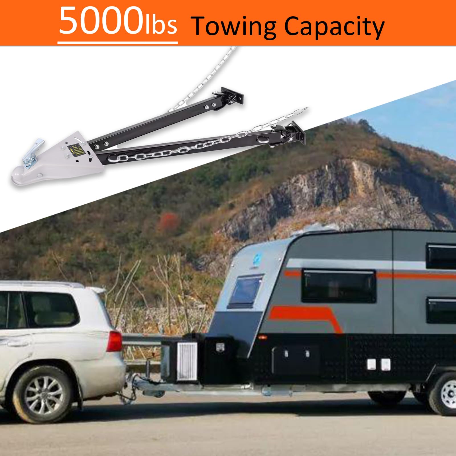 Garvee Tow Bar for Vehicles, 5000 lbs Capacity Adjustable Towing Bar with Bumper Mount, 2 Chains, and Universal Coupler for 2-Inch Ball Hitch, Fits Jeeps, Trucks, SUVs, RVs, Boats, and Trailers