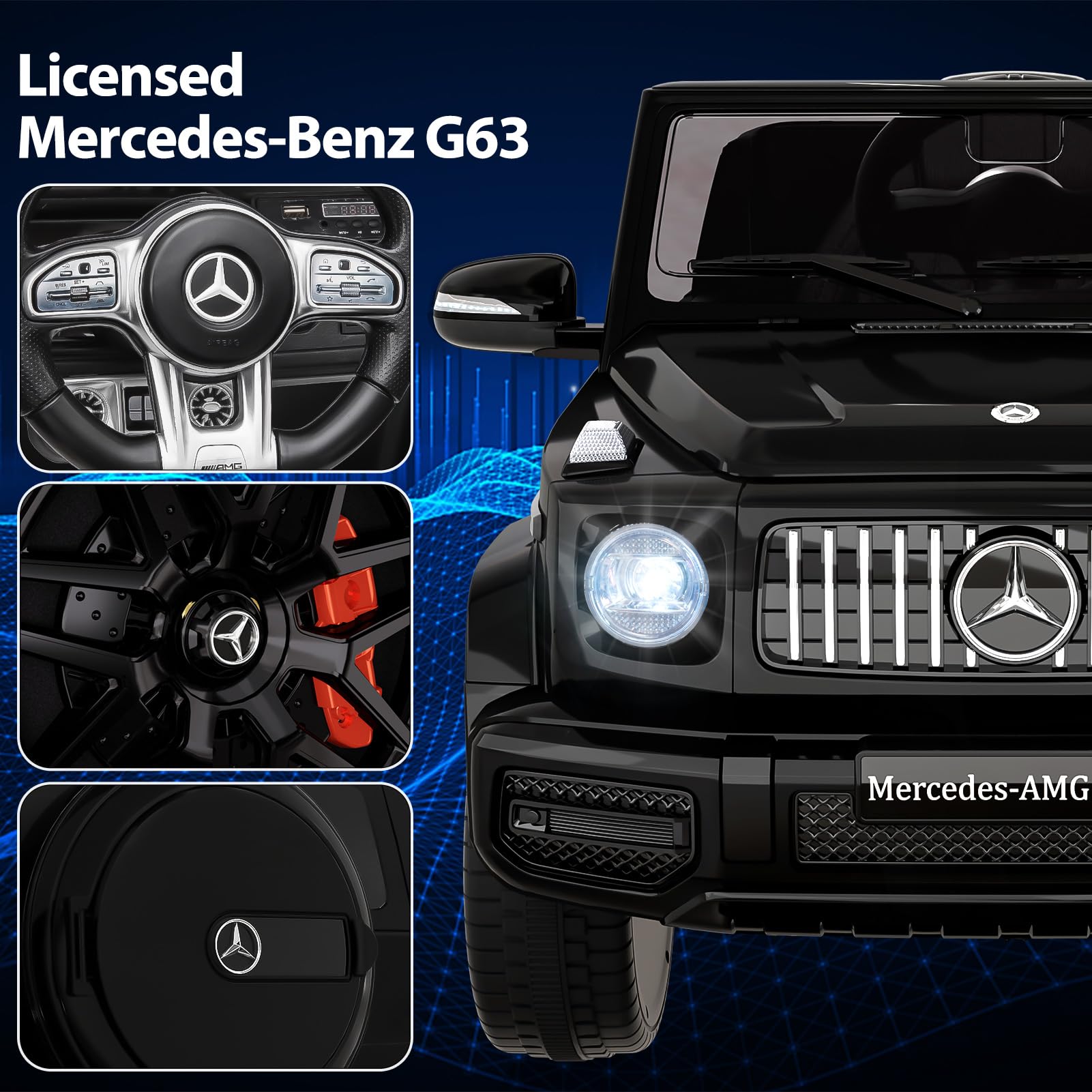 Garvee 12V Kids Ride on Car, Licensed Mercedes Benz G63 Electric Car w/Remote Control, Music, Spring Suspension, LED Light, Bluetooth, Horn, AUX, Safety Lock Battery Powered Electric Vehicle - Black