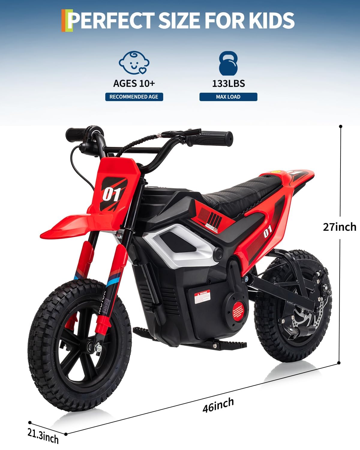 Garvee 24V Electric Dirt Bike 350W Motor 10MPH Speed Key Start Hand Brake 12" Fat Tires Dual Suspension Kids Outdoor Riding
