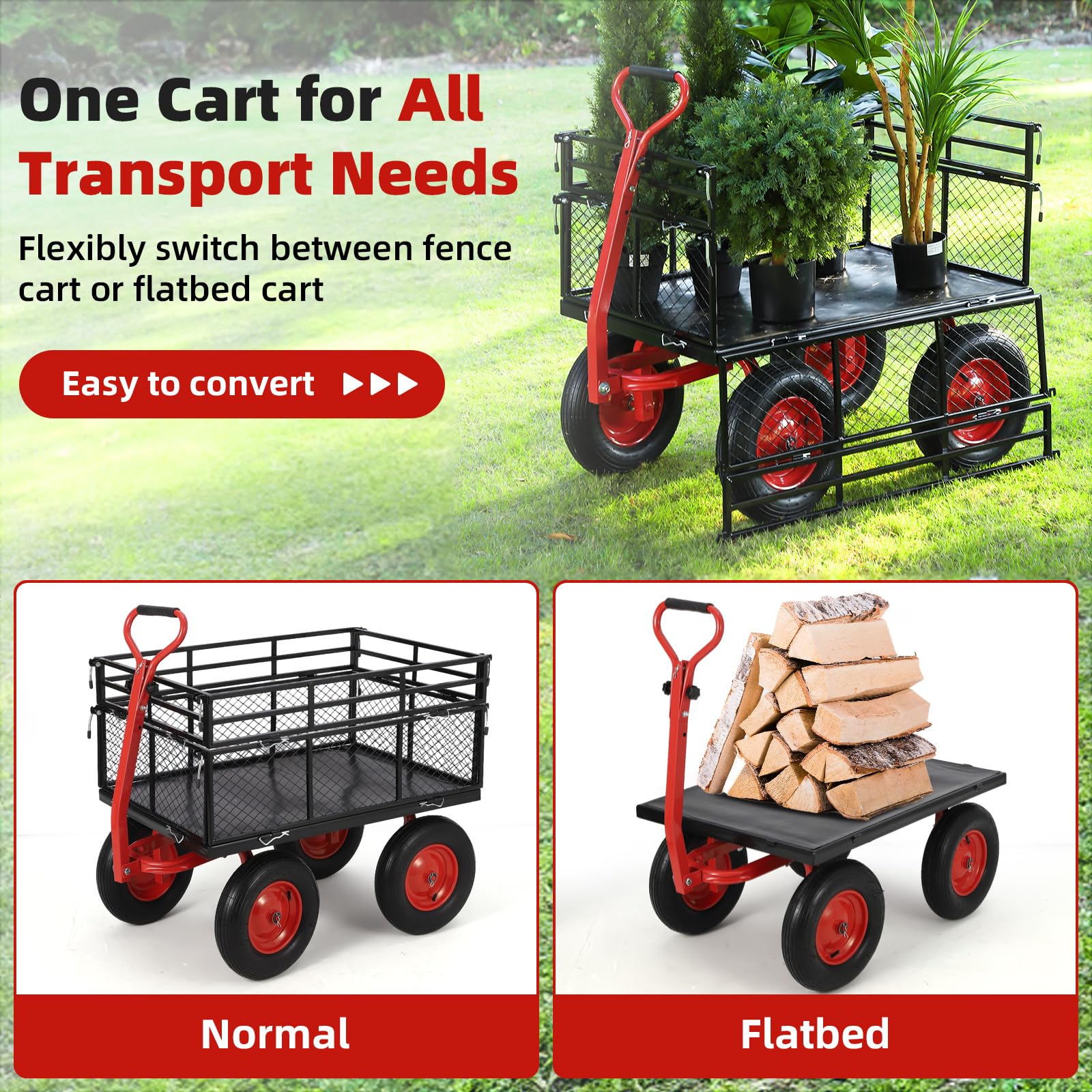 Garvee 1400lbs Steel Garden Cart - Heavy Duty Yard & Garden Wagon with Removable Mesh Sides, 2-in-1 Rotating Handle & 16" All-Terrain Wheels for Farm & Yard