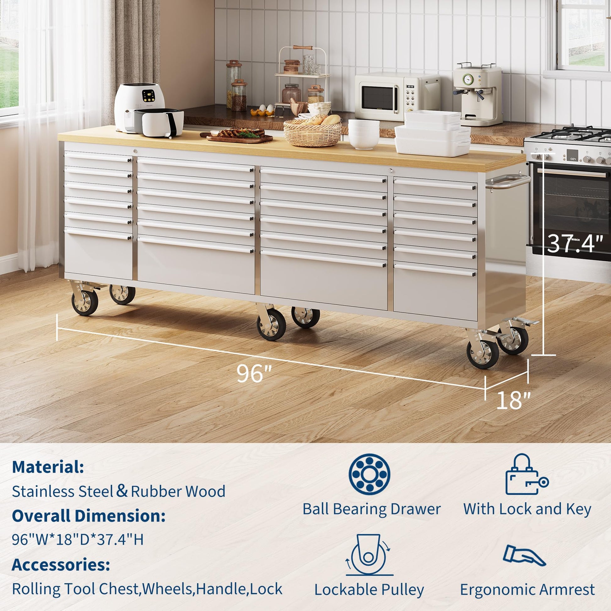 Garvee 96 inch Mobile Tool Chest 24 Drawers Lockable Stainless Steel Rolling Cabinet with Wood Top for Garage Workshop