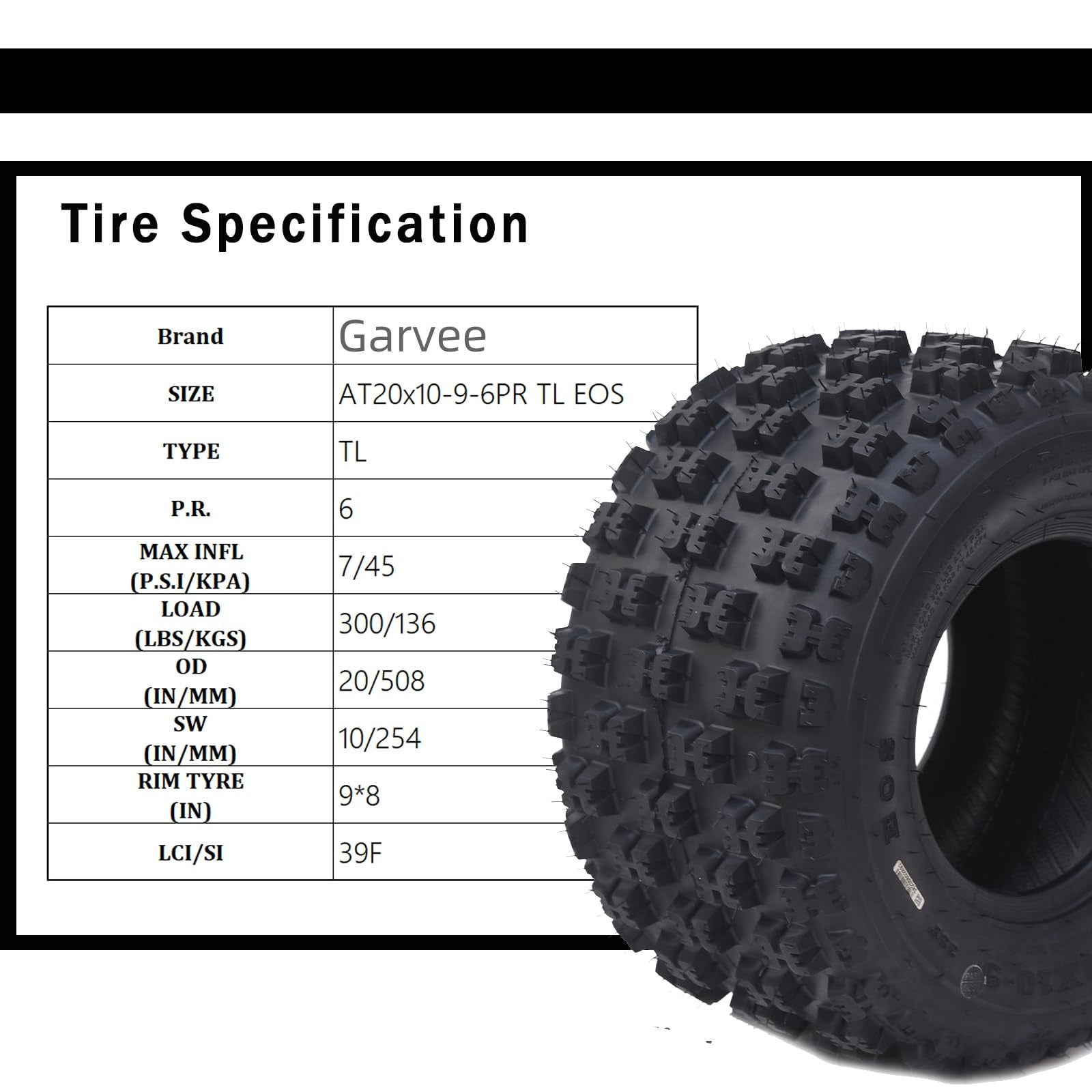 Garvee Set Of 4 ATV UTV All-Terrain Tires 23x7-10 Front 20x10-9 Rear 6-Ply Tubeless