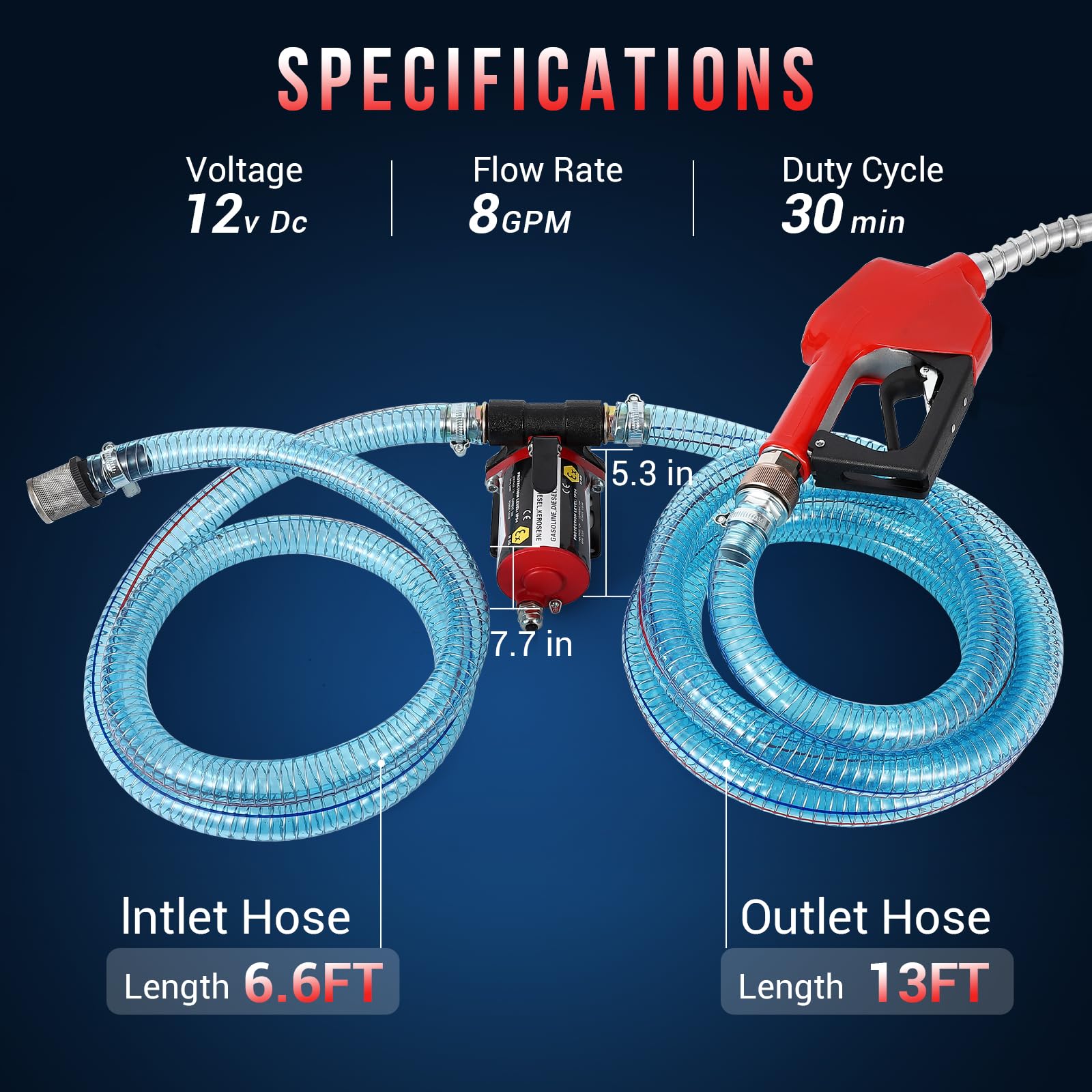 Garvee Fuel Transfer Pump DC 12V Diesel Transfer Pump with Nozzle Hose Cast Iron Gasoline Transfer Pump, 8GPM, Overheating Stability, Applicable to Gasoline, Diesel, Clear