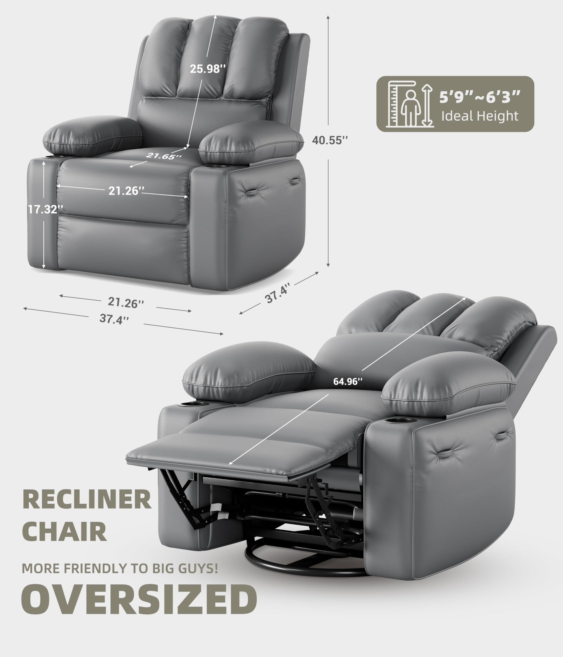Garvee 22'' Rocker Swivel Recliner Chair, Lazy Boy Recliner for Adults, with 1.5X Sponge Filling, Side Pocket, and Cup Holder, for Living Room, Bedroom, and Nursery, Grey