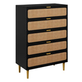 Garvee 5 Drawer Dresser for Bedroom, Rattan Chest of Drawers with Deep Drawers, Large Modern Double Dresser for Closet with Wide Top, Horizontal Wooden Dresser for Living Room, Hallway, Kids Room, Black - Black
