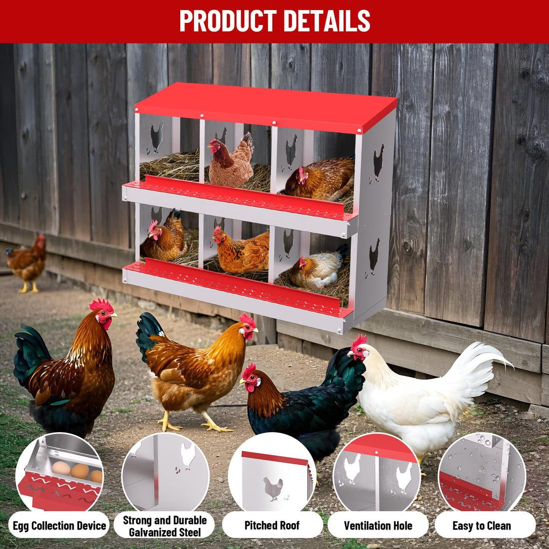 Garvee 6 Compartments Metal Chicken Nesting Boxes, Nesting Boxes, Chicken Laying Box with Roll Out Egg Collection with Vented Holes