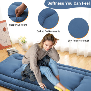 Garvee Twin Size Futon Mattress, Japanese Floor Mattress Floor Bed for Kids Adults Roll Up Sleeping Mattress, Tatami Mat Dorm Floor Mattress Pad for Easy Storage, Navy Blue