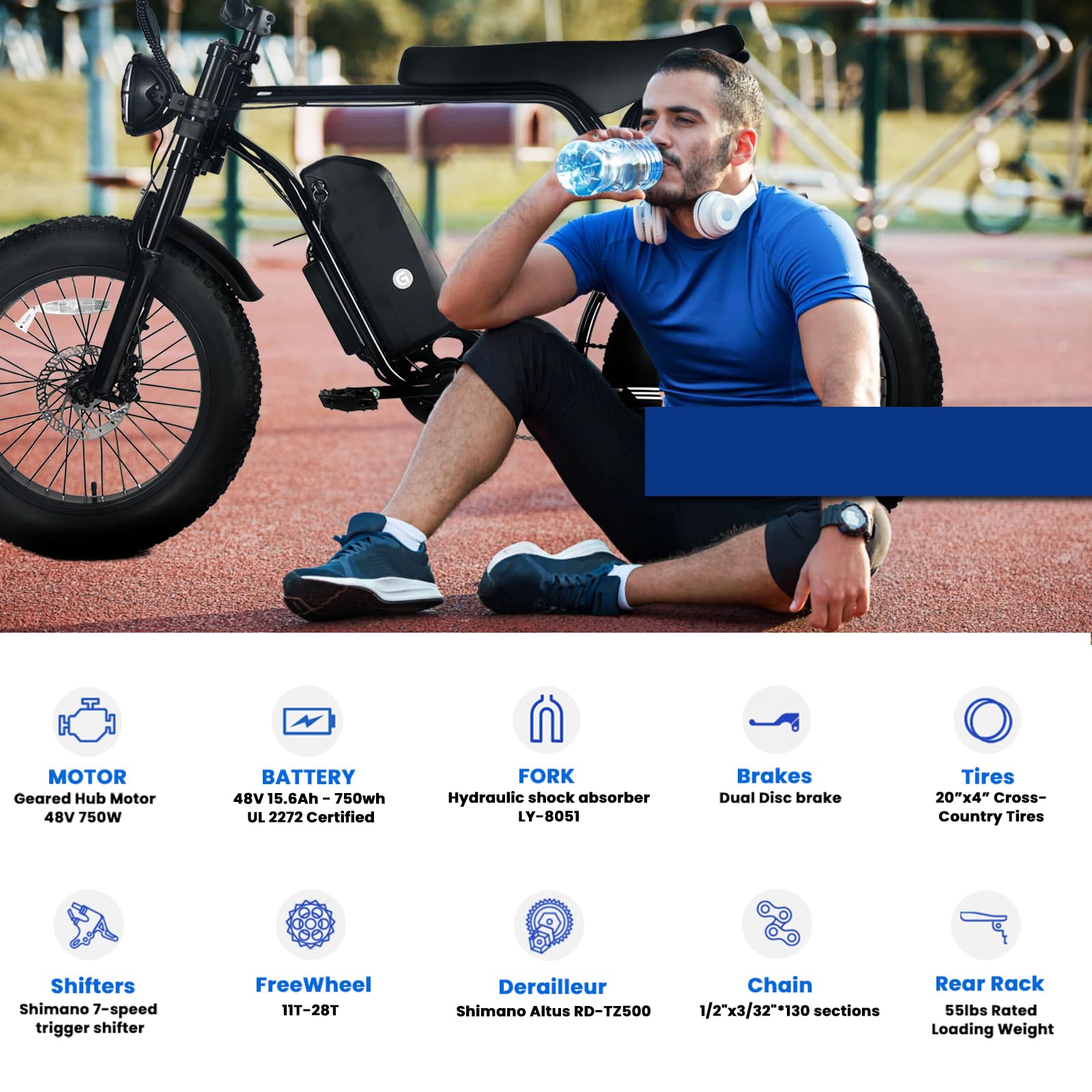 Garvee Electric Mountain Bike for Adults 20" x 4.0 Fat Tire, E-Bike 750W Motor 48V 15.6Ah Removable Battery, Max Speed 40MPH, Shi mano 7-Speed Adult Electric Bicycle for Off-Road Adventures, Black