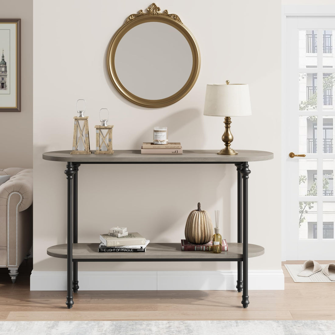 Garvee Console Table, 43.3" Entryway Table with Storage, 2 Tier Sofa Table with Metal Frame and MDF, Behind Couch Table for Living Room, Hallway, Entryway-Grey