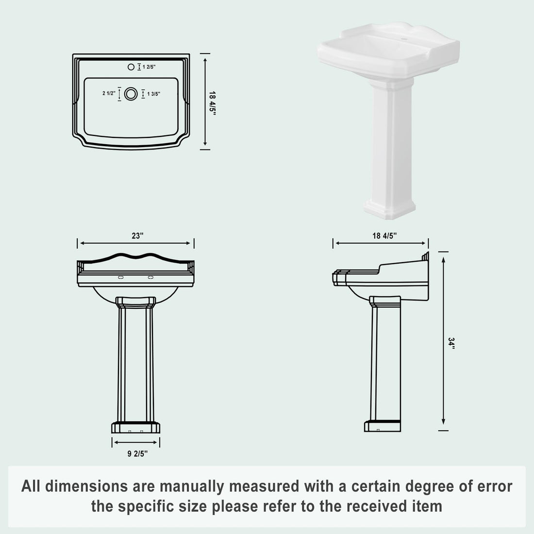 Garvee Vintage Bathroom Pedestal Sink, 19"L x 23" W Retro White Bathroom Sink With Overflow Hole, Freestanding Ceramic Sink With Single Hole