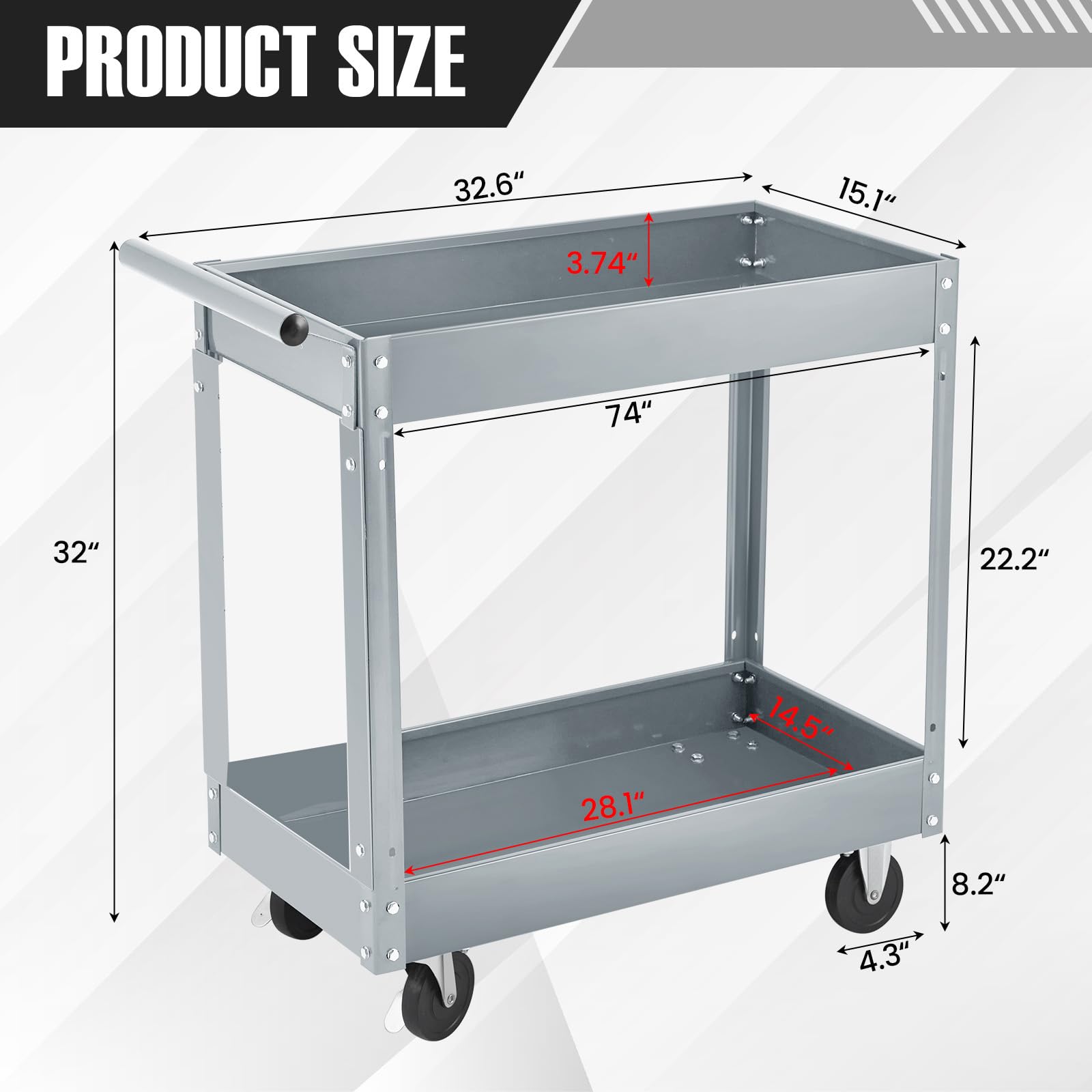Garvee 2 Tier Rolling Tool Cart,330 Lbs Metal Heavy Duty Utility Cart On Wheels,2 Shelf Steel Utility Cart, Tool Storage Organizer for Mechanic, Garage, Workshop, Warehouse & Repair Shop