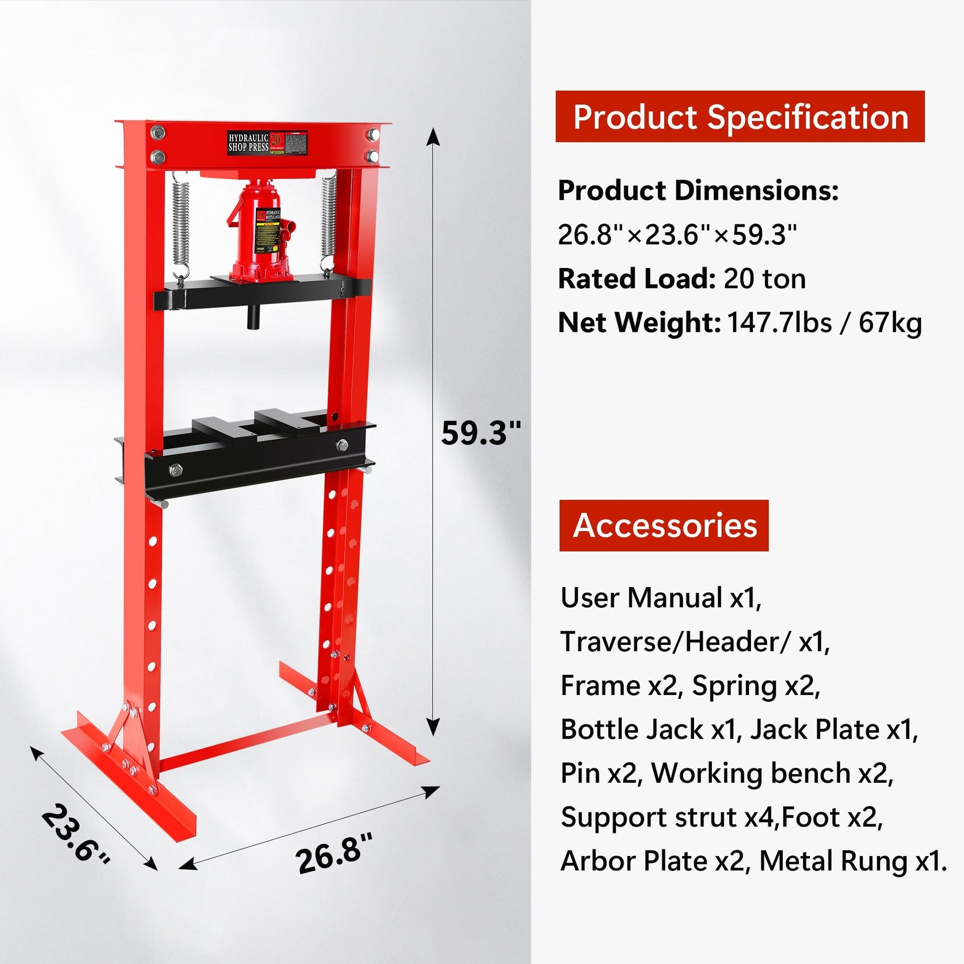 Garvee Hydraulic Press 20 Ton H-Frame Adjustable Shop Press With Stamping Plates For Garage Floor, Black, Heavy Duty
