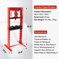 Garvee Hydraulic Press 20 Ton H-Frame Adjustable Shop Press With Stamping Plates For Garage Floor, Black, Heavy Duty