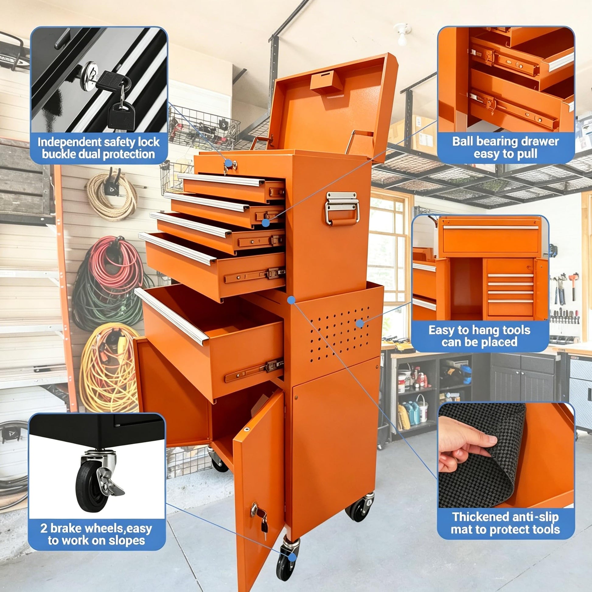 Garvee 20 Inch Heavy-Duty Tool Chest with 5 Drawers, Rolling Tool Box Cabinet on Wheels, 2-in-1 Detachable Tool Storage Organizer for Garage, Workshop, and Home Improvement, Locking Steel Tool Cart with Top Tool Box, Orange