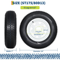 Garvee ST175/80D13 Trailer Tire and Wheel Assembly, Heavy-Duty Load Range C 6PR, 5 Lug White Modular Wheel, 13 Inch Tires for Utility and Boat Trailers, Set of 2