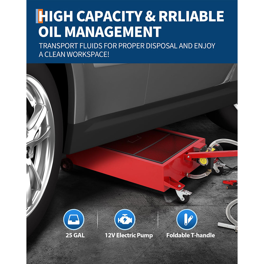 Garvee Low Profile Oil Drain Pan 25-Gallon with 180W 12V Electric Pump, Carbon Steel, Folding Handle & 8FT Hose for Cars, SUVs, Trucks