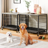 Garvee Dog Crate Furniture, 38.6" Dog Kennel Indoor Double Doors Wooden Dog Cage Crate with Pull-Out Tray & Removable Wheels, Decorative End Table Pet House Chew-Resistant for Large Dog, Grey