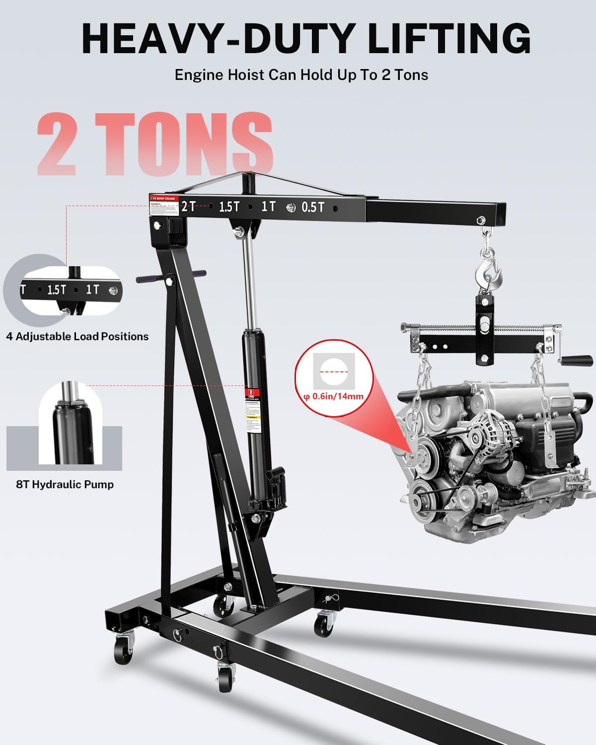 Garvee 2-Ton Hydraulic Engine Hoist Crane, 4400 lbs Folding Heavy-Duty Cherry Picker with Lever, 6 Locking Wheels, and 4 Boom Positions for Truck/SUV Engines, Garage, Workshop, and Industrial Lifting, Black