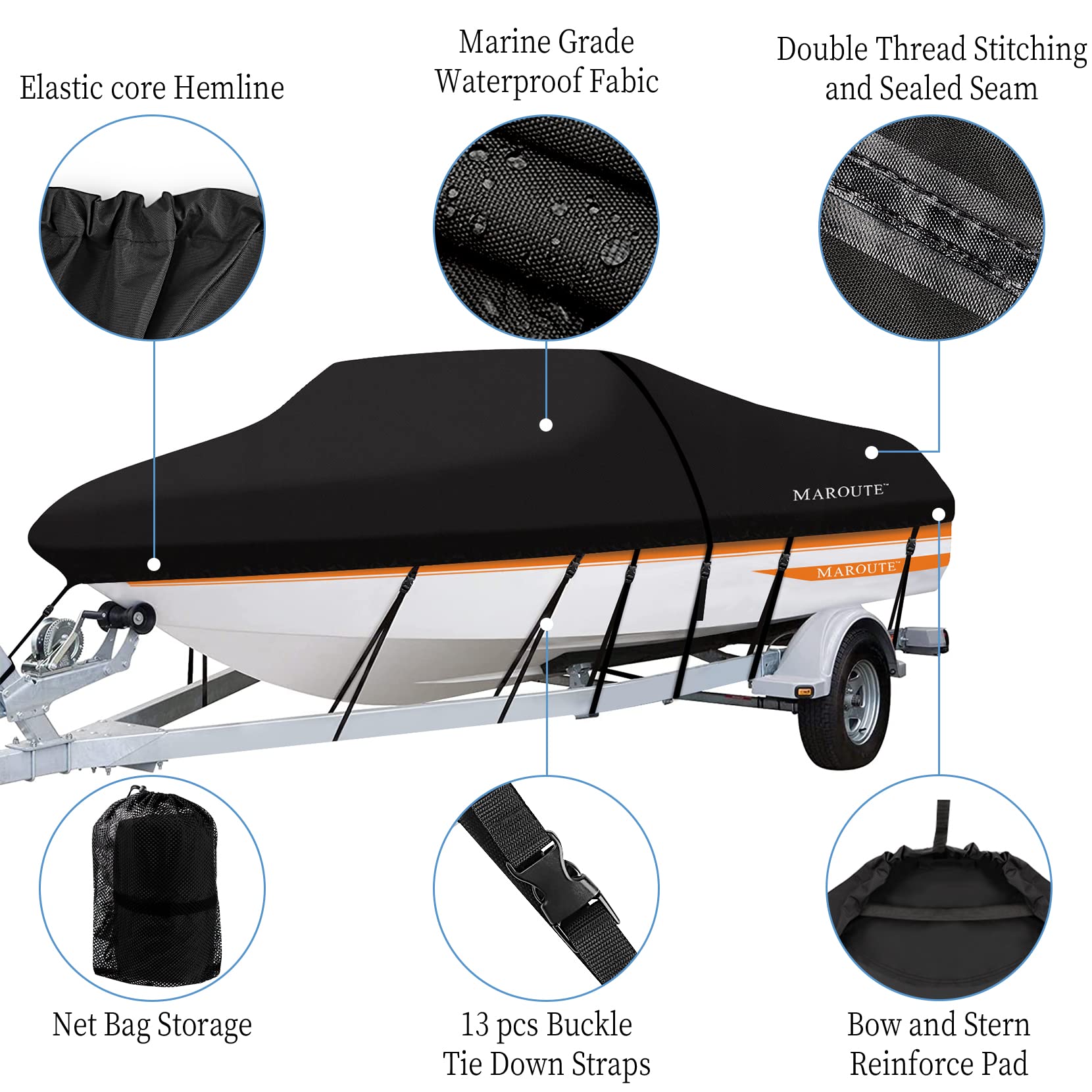 Garvee Heavy Duty 300D Marine Grade Waterproof Polyster Canvas,PU Waterproof Boat Cover,Fits 17-19ft V-Hull, Tri-Hull, Fishing Boat, Runabout, Bass Boat with Tightening Straps