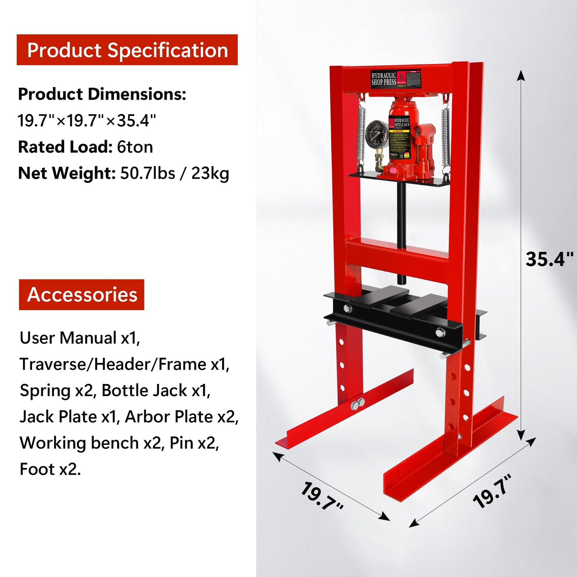 Garvee 6 Ton Shop Press with Pressure Gauge, Adjustable H-Frame Hydraulic Garage Floor Press with Stamping Plates for Bending, Straightening, Pressing Parts, and Installing Bearings & U-Joints, Red