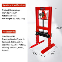 Garvee 6 Ton Shop Press with Pressure Gauge, Adjustable H-Frame Hydraulic Garage Floor Press with Stamping Plates for Bending, Straightening, Pressing Parts, and Installing Bearings & U-Joints, Red