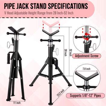 Garvee V-Head Pipe Jack Stand 2500 Lbs Load Capacity Adjustable 28-52" Height Heavy-Duty Steel Folding Legs Portable for Welding Automotive HVAC