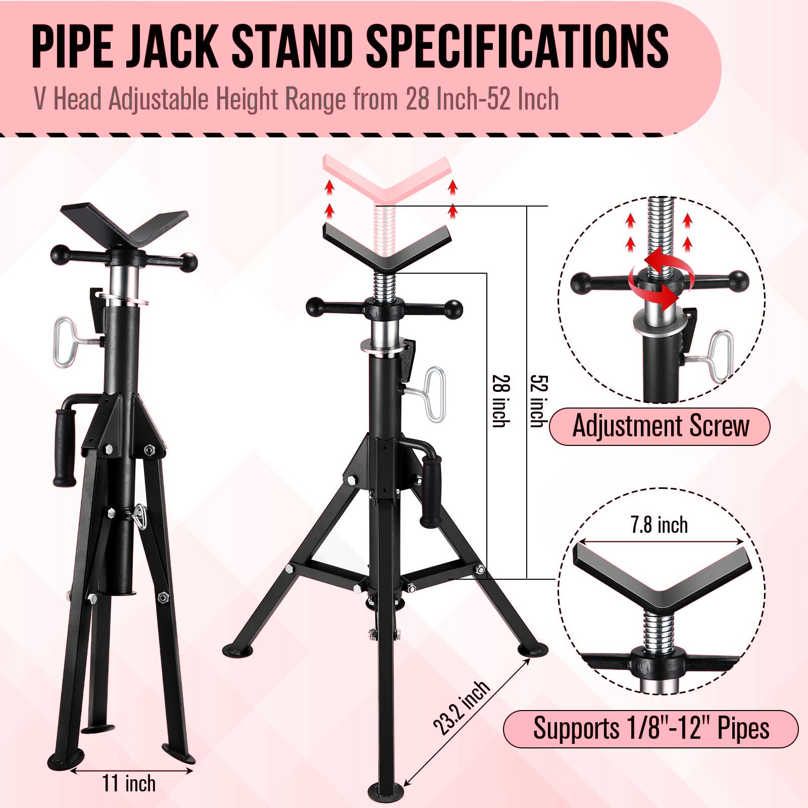 Garvee V-Head Pipe Jack Stand 2500 Lbs Load Capacity Adjustable 28-52" Height Heavy-Duty Steel Folding Legs Portable for Welding Automotive HVAC