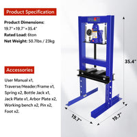Garvee 6-Ton Shop Press with Pressure Gauge, Adjustable H-Frame Hydraulic Floor Press with Stamping Plates for Bending, Straightening, Pressing Parts, and Installing Bearings & U-Joints, Blue