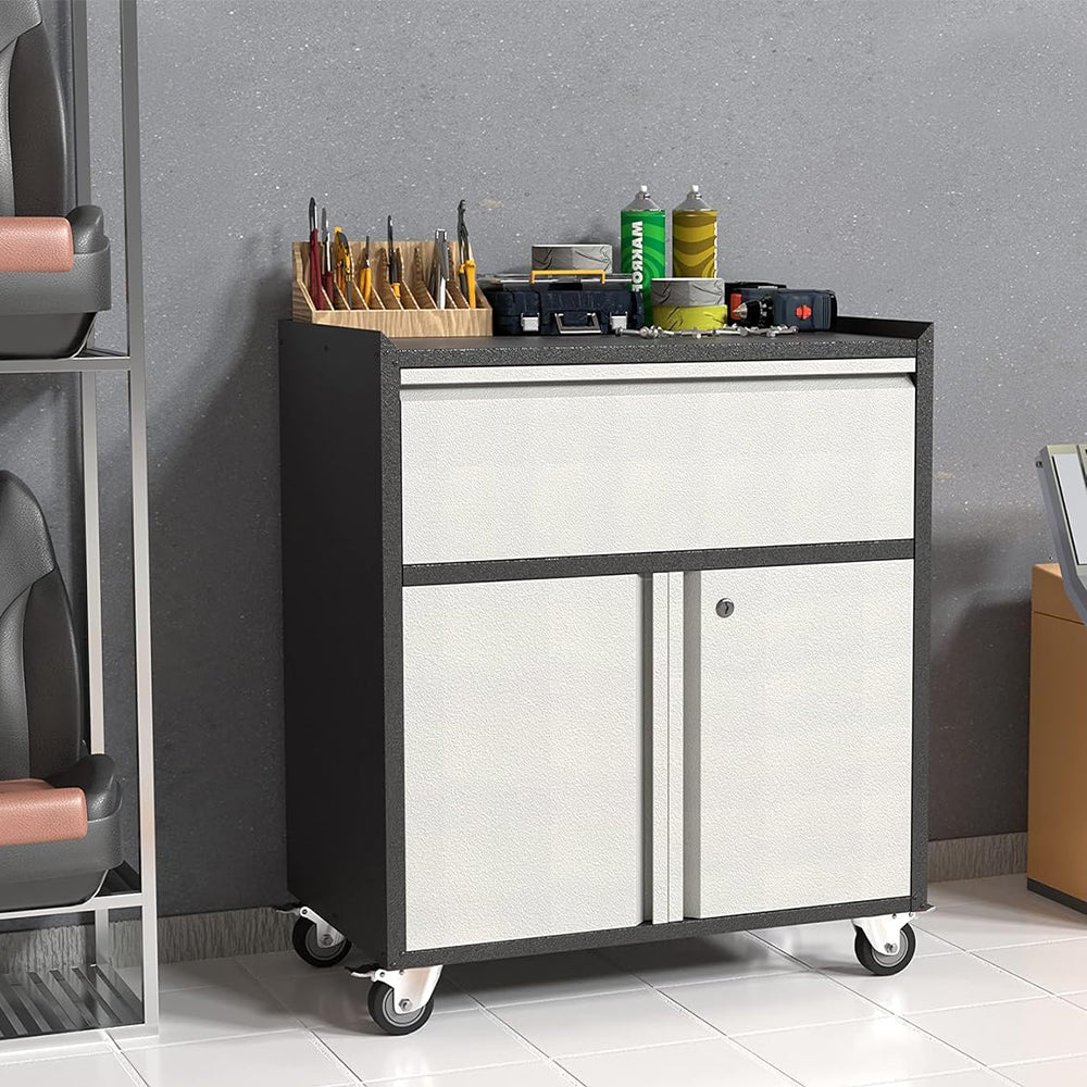 Garvee Storage Cabinet Tool Cart with 1 Drawer - Heavy-Duty Rolling Tool Box with Wheels, Metal Storage Cabinet and Drawers, Perfect for Garage, Warehouse, Workshop, and Repair Shop, Gray
