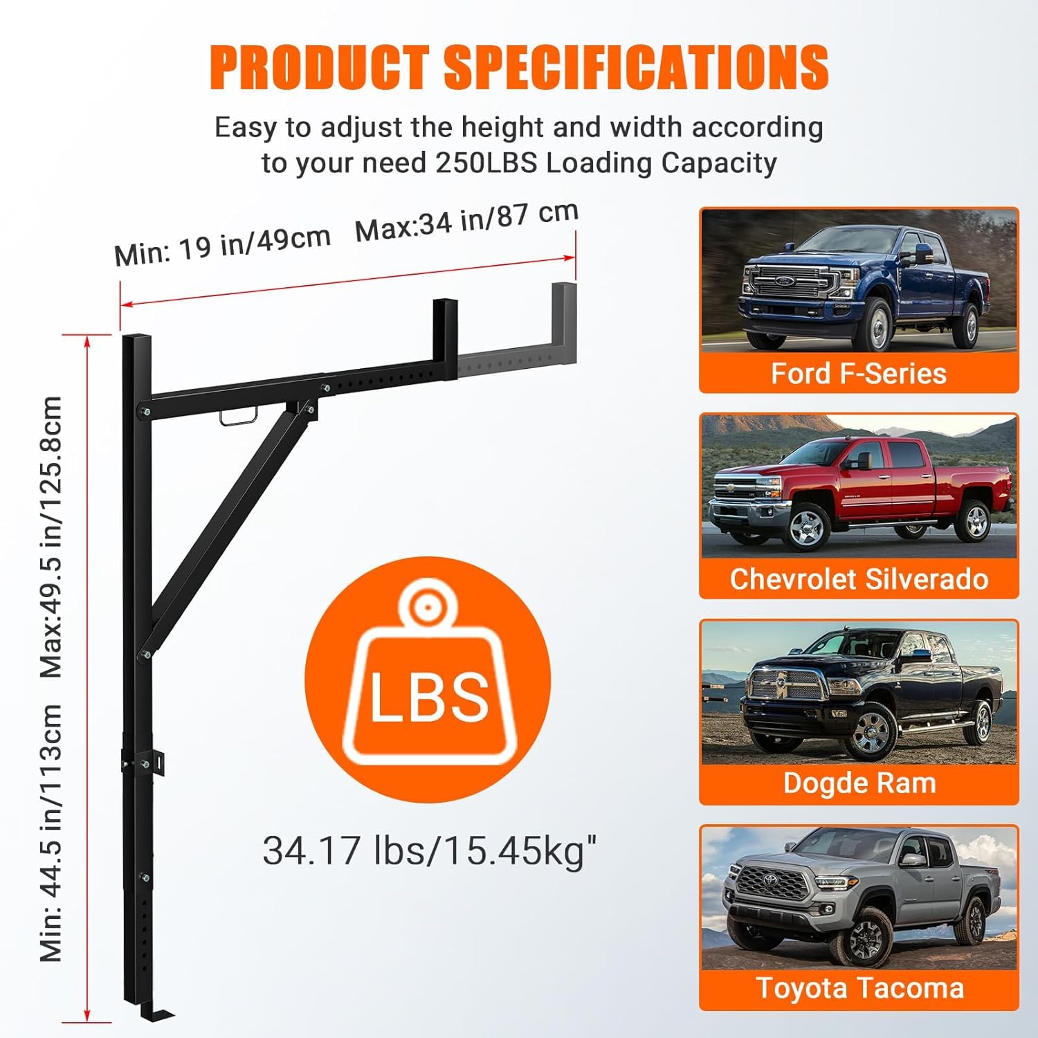 Garvee Truck Ladder Rack Extendable 19-34in Adjustable Height 44.5-49.5in Steel Heavy Duty Rust-Proof Powder Coated for Kayak Surfboard Lumber