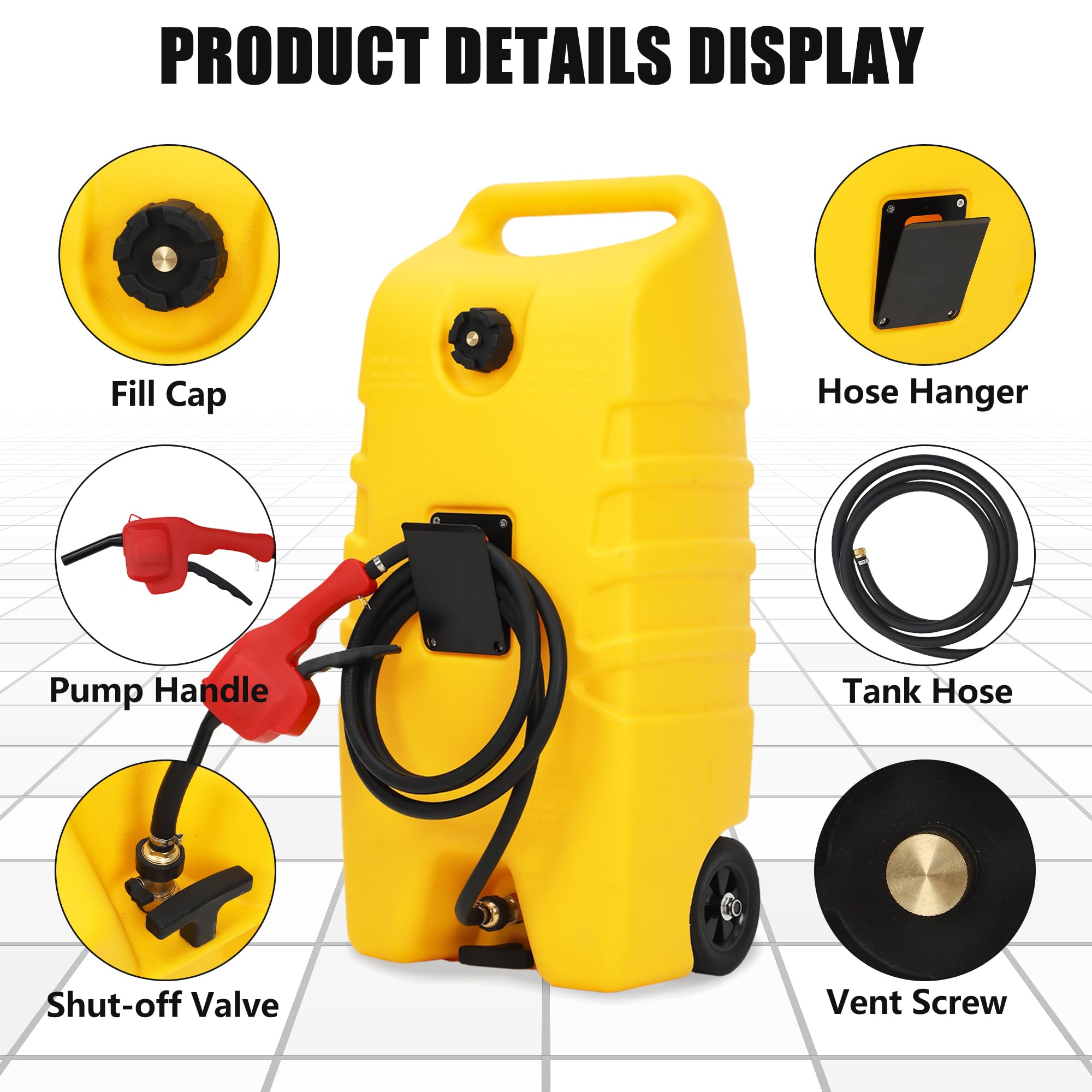 Yellow fuel caddy with close views of the fill cap hose hanger pump handle tank hose shutoff valve and vent screw