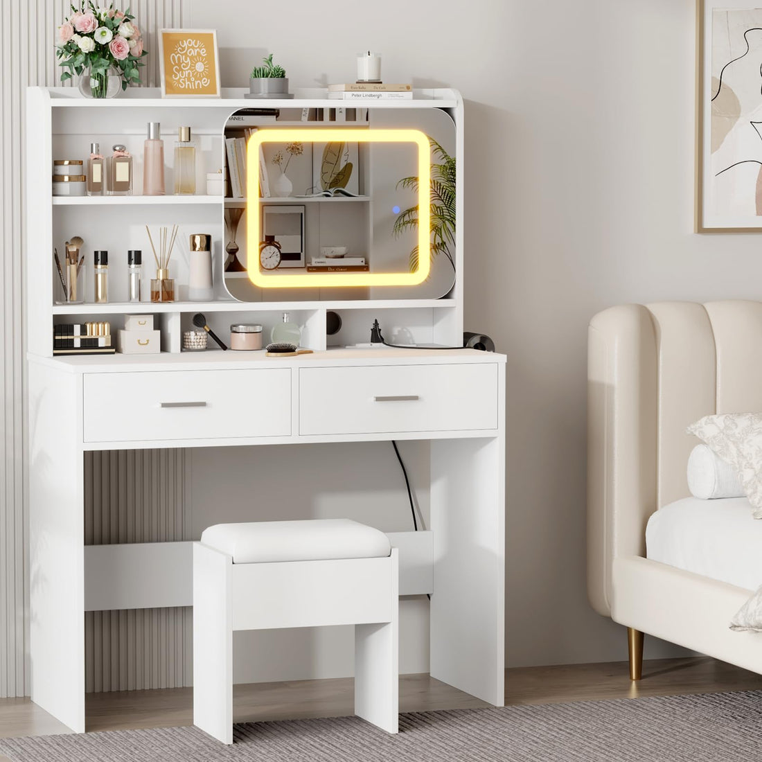 Garvee Vanity Desk with Sliding Mirror, Makeup Desk and Stool with Lights in 3 Colors, Girls Vanity Table with Charging Station, 2 Drawers & Storage Shelves for Bedroom,White