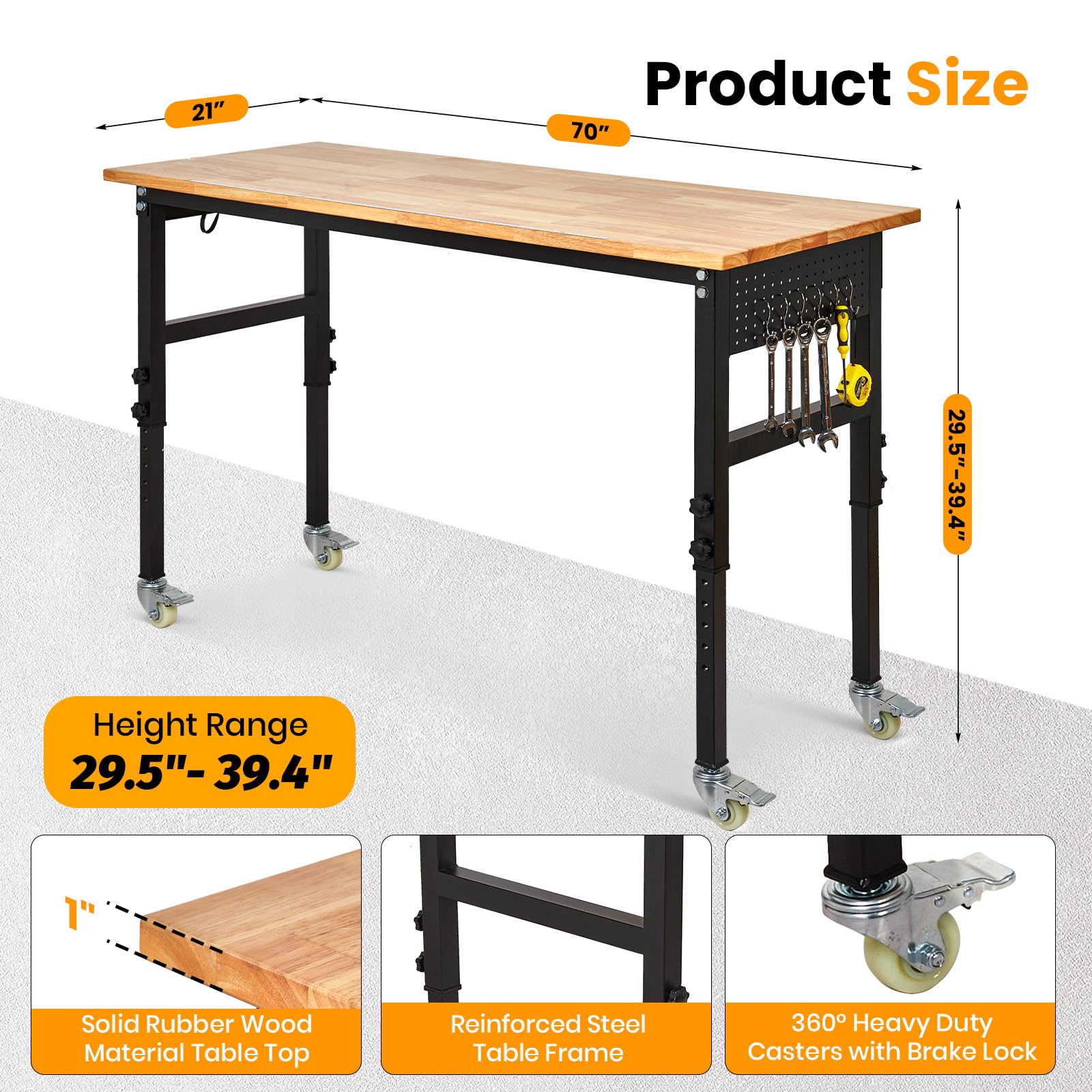 Garvee 70"x 21" Adjustable Workbench with Power Outlet, 29.5" - 39.4" Adjustable Height Garage Workbench with Rulers, Pegboard, Hooks, Wheels, 2000 Lbs Load Capacity for Workshop, Office, Garage, Home
