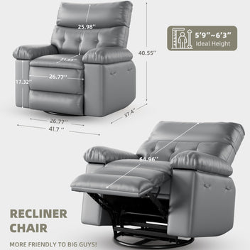 Garvee Oversized Wide Rocker Swivel Recliner Chair - PU Leather Large Manual Recliner for Adults, Ultimate Comfort Lazy Boy with 1.5X Sponge Filling and Easy Recline Mechanism for Relaxation, Gray