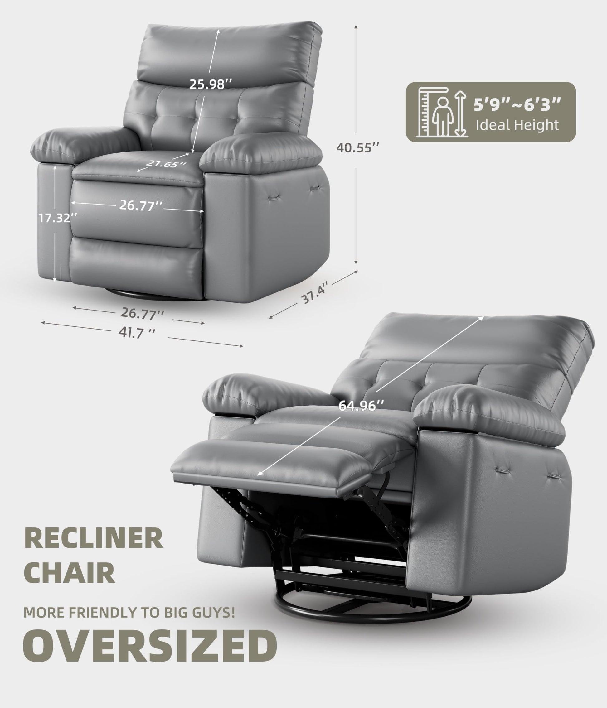 Garvee Oversized Wide Rocker Swivel Recliner Chair - PU Leather Large Manual Recliner for Adults, Ultimate Comfort Lazy Boy with 1.5X Sponge Filling and Easy Recline Mechanism for Relaxation