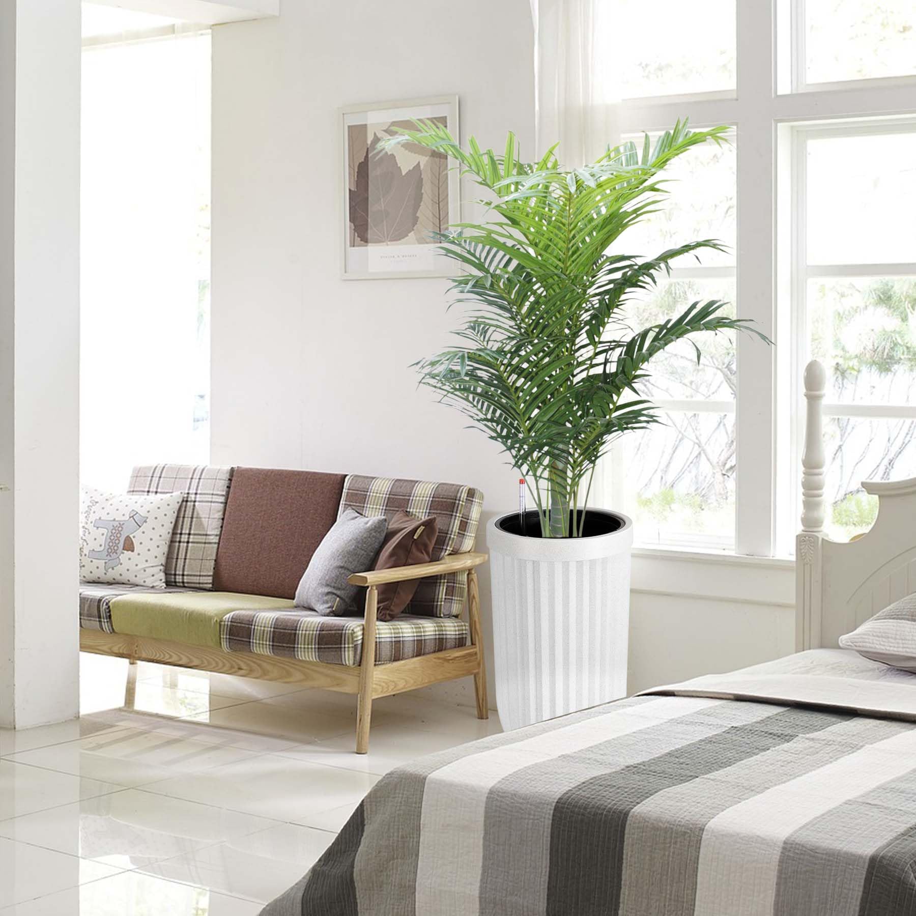 Garvee 23 Inch Tall Planters Set of 2, Self Watering Pots with a Water Level Monitor and Hidden Wheels, Ideal for Living Room, Bedroom, Office, Patio, Porch, Garden, Commercial Places, White