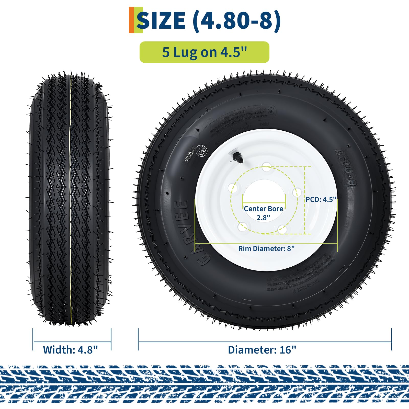 Garvee 4.80-8 Trailer Tire and Wheel Assembly, Heavy-Duty Load Range C 6PR, 8 Inch White Modular Wheel for Utility Boat Camper Trailers, Set of 2