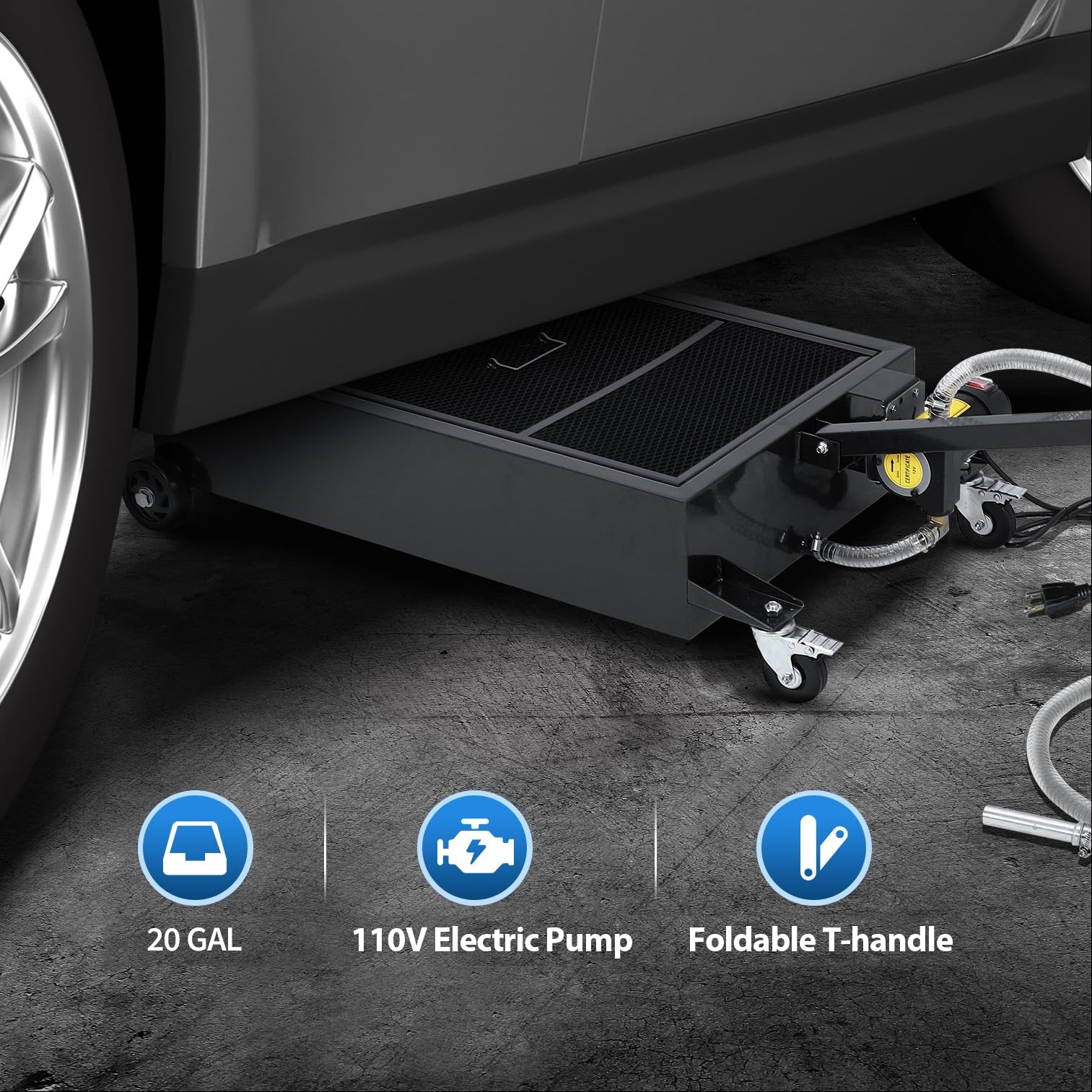 Garvee 20 Gallon Oil Drain Pan with 110V Electric Pump, 8FT Hose, Folding Handle, Carbon Steel, Wheels, for Cars, SUVs, Trucks, Buses, RVs