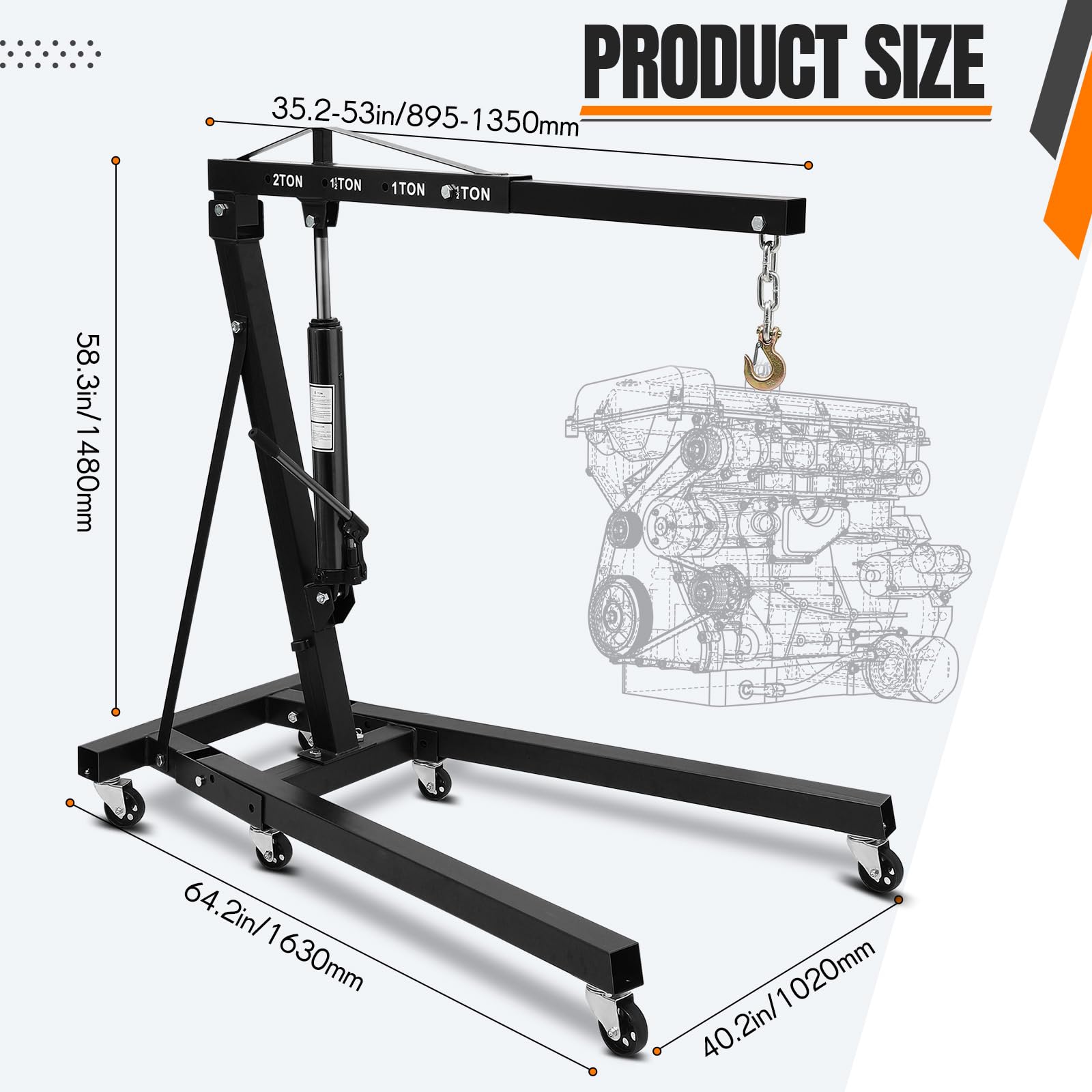 Garvee 4400 lbs Engine Hoist, 2-Ton Heavy-Duty Folding Cherry Picker Hydraulic Shop Crane with 6 Casters for Garage, Workshop, and Warehouse, Black