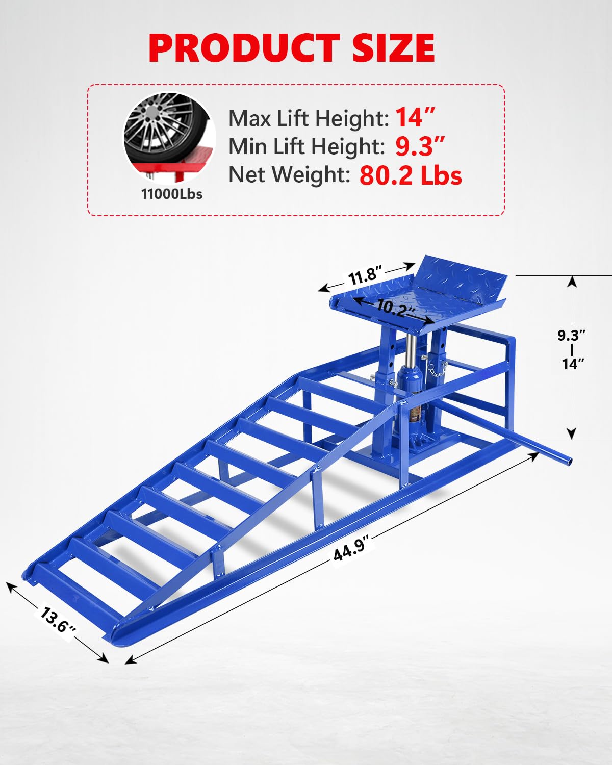 Garvee Hydraulic Car Ramps - 5T/11,000 lbs Heavy-Duty Steel, Adjustable Height 9.3"-14", Low-Profile, Anti-Slip Design for Garage Repair, 2 Pack, Blue
