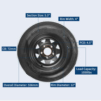 Garvee 2-Pack Trailer Tire On Rim 5.30-12 5 Lug 4.5" PCD Load Range C Black - Durable Heavy-Duty Trailer Tires & Wheels